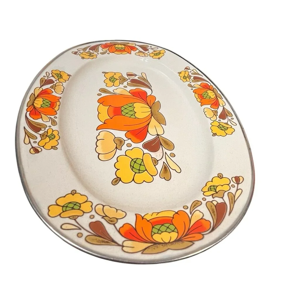 MCM Vintage 1970s Sanko Ware Porcelain Enameled Steel Country Flowers Platter
